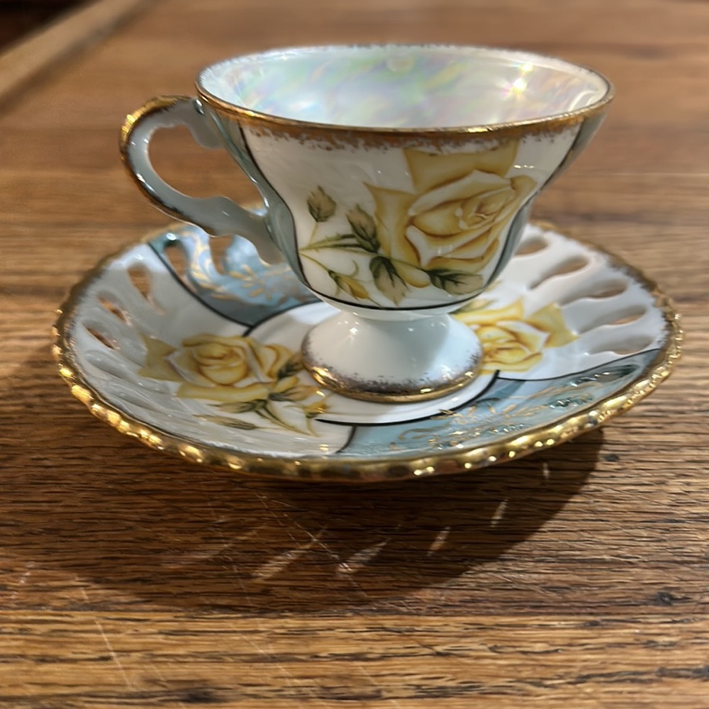 Vintage teacup set made in Japan hand painted numbered, yellow roses design